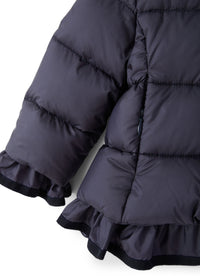 Blue down jacket with hood and ruffles