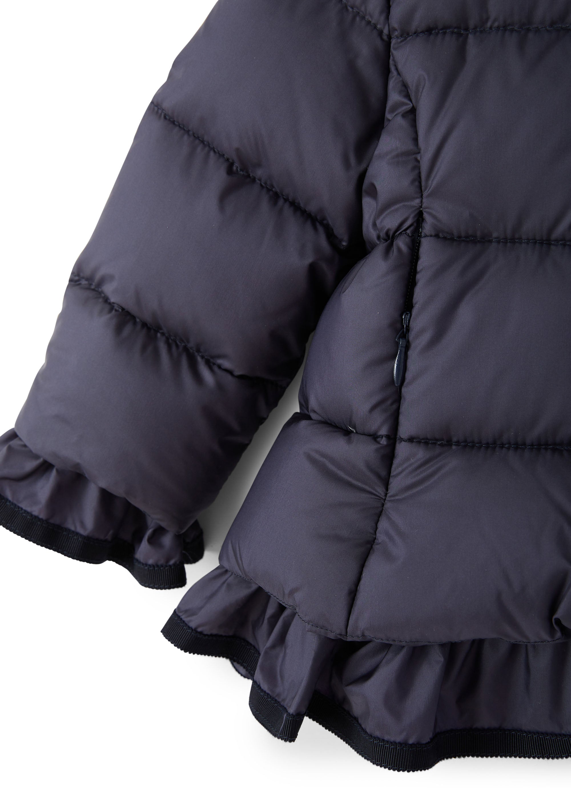 Blue down jacket with hood and ruffles