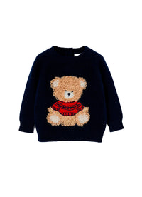 Blue wool sweater with teddy bear