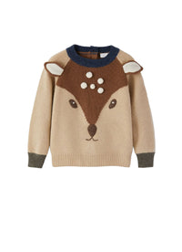 Maglione beige con cerbiatto intarsiato