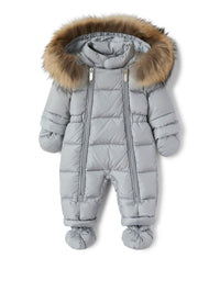 Hooded down jacket with fur - Grigio Cemento