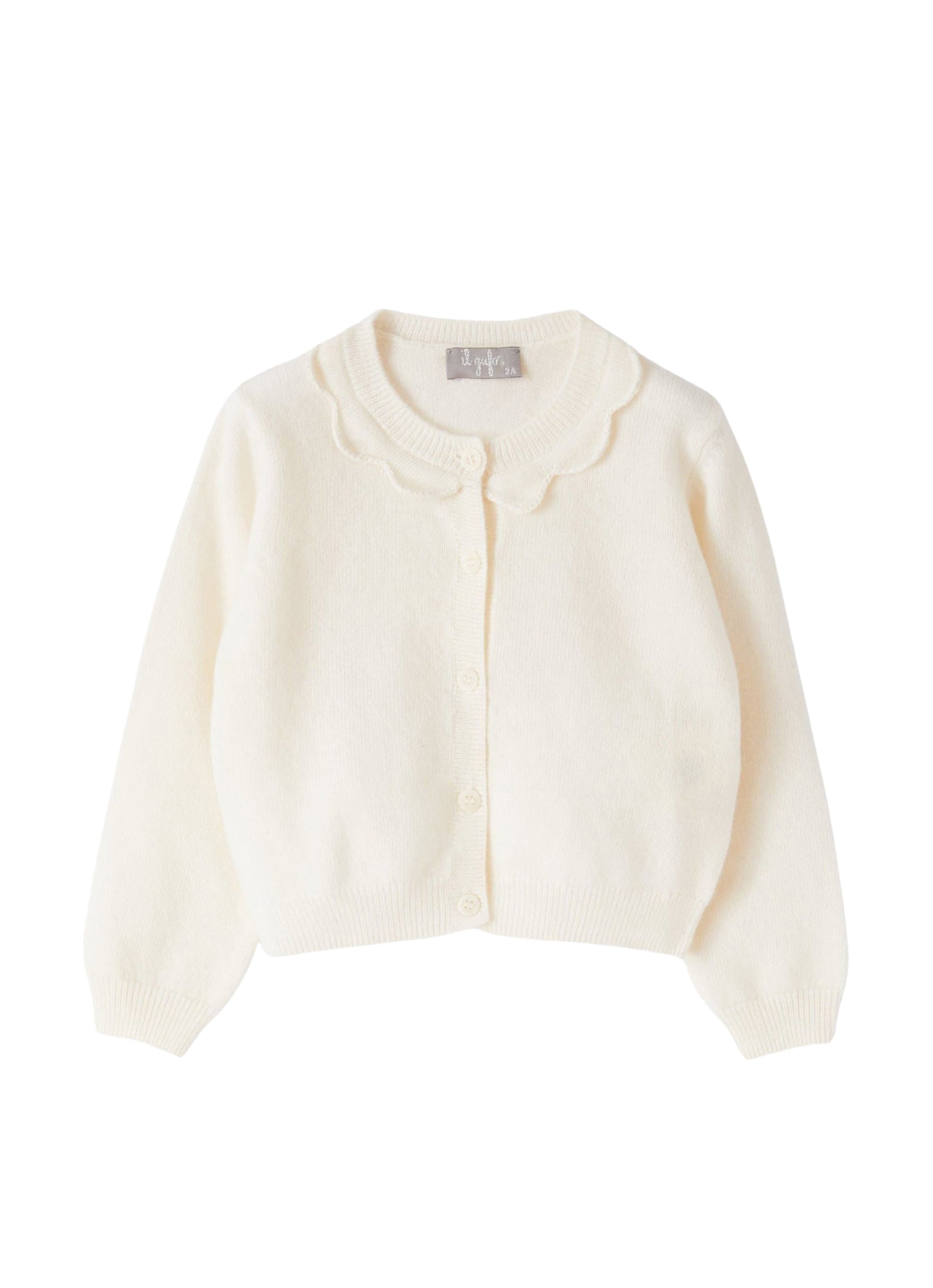 White cardigan with ruffle collar