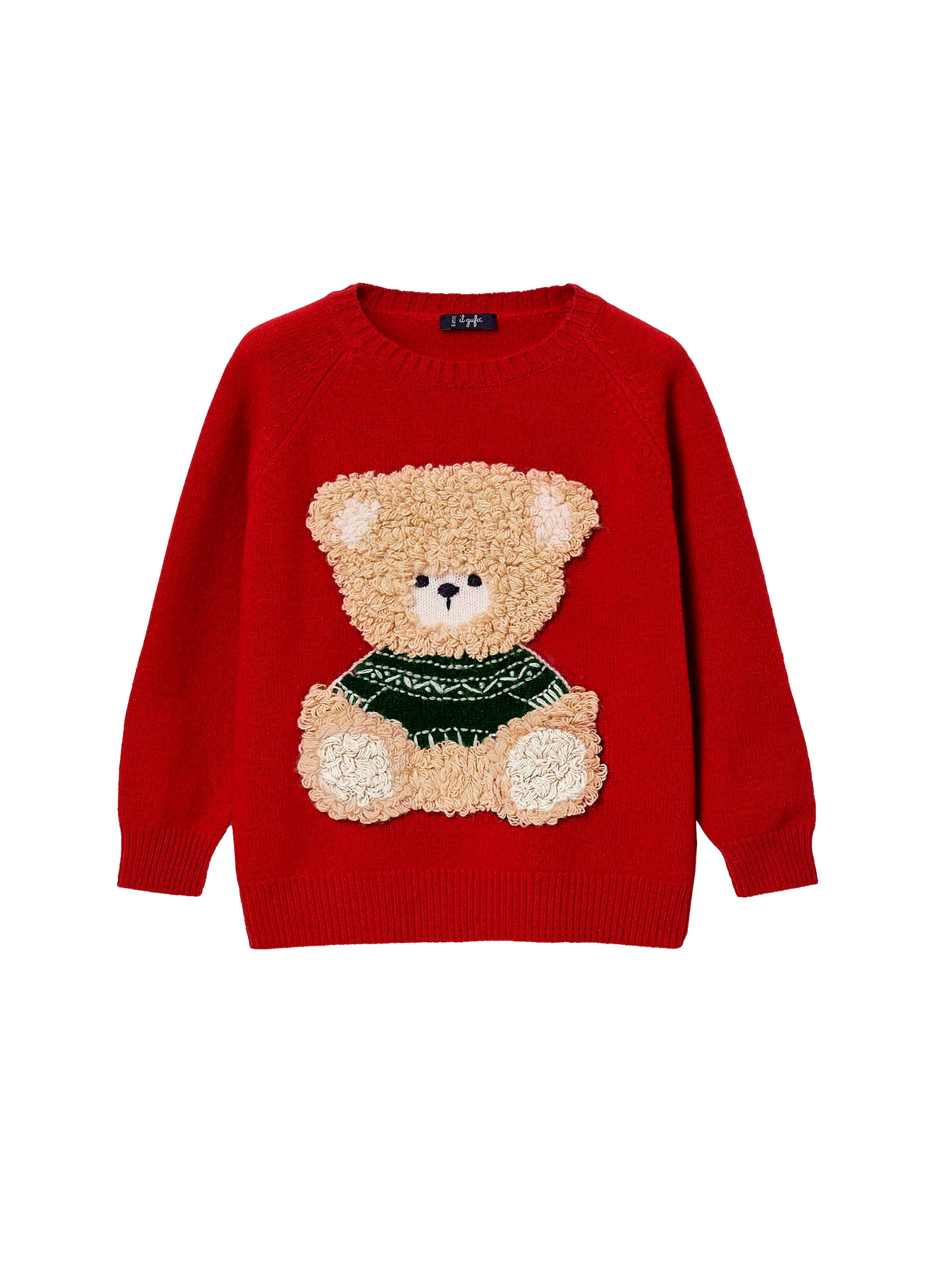 Round-neck wool bear jumper - Berry & Billiard Green