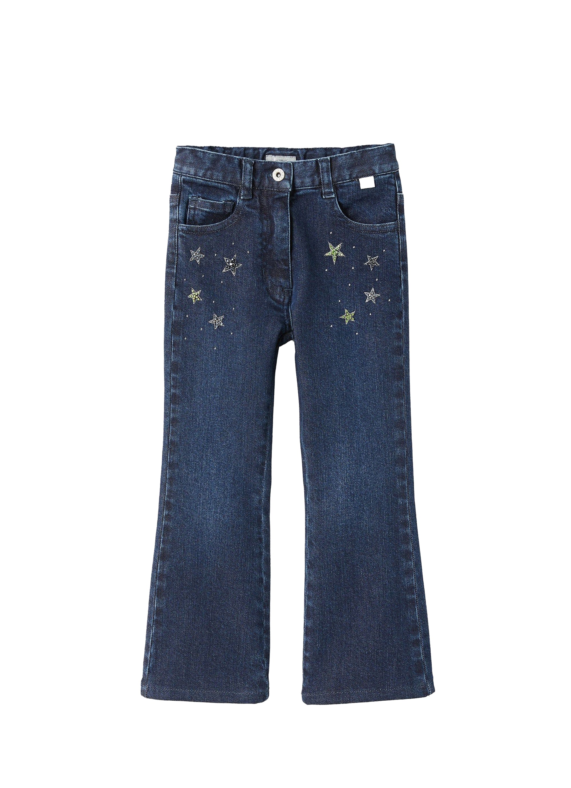 Flared jeans with embroidered beaded stars - Navy Blue & Dragon Green