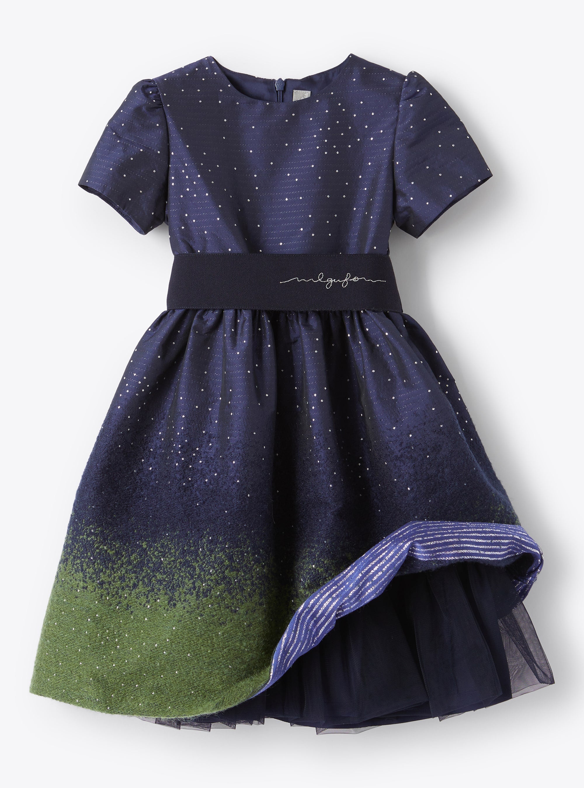 Abito in taffetà blu con inserti in lurex
