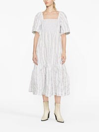 Textured ruffled midi dress with fabric stripes - Mauve Chalk