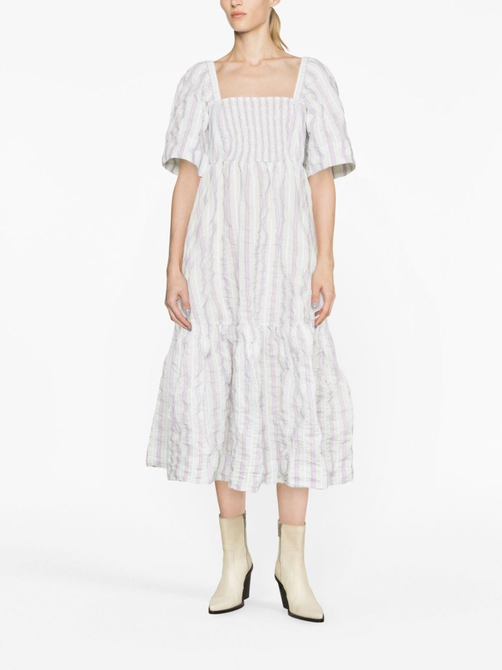 Textured ruffled midi dress with fabric stripes - Mauve Chalk
