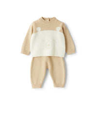 Two-piece tricot-knit babysuit with teddy bear