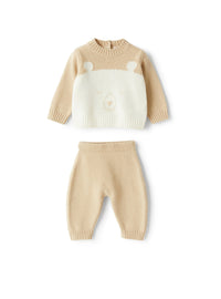 Two-piece tricot-knit babysuit with teddy bear