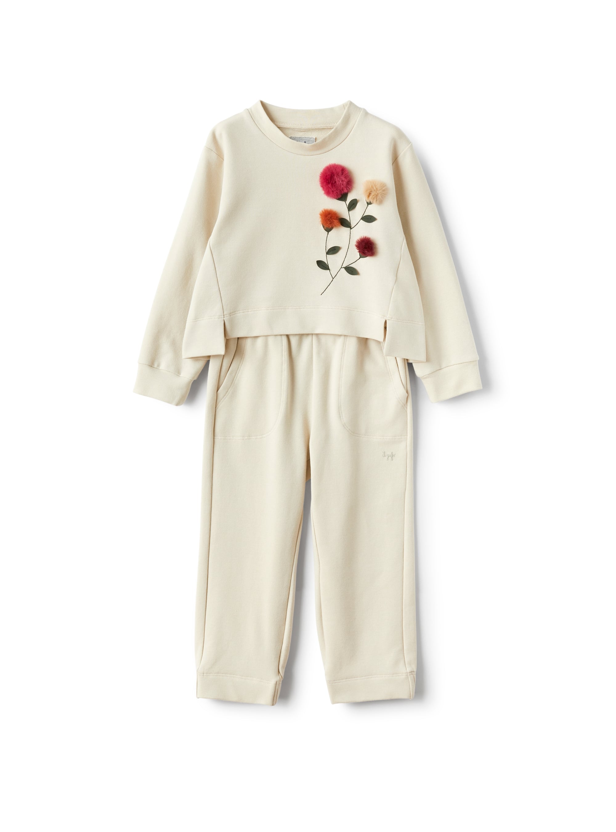 Two-piece set in fleece with embroidered pompom detailing