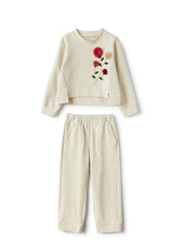 Two-piece set in fleece with embroidered pompom detailing