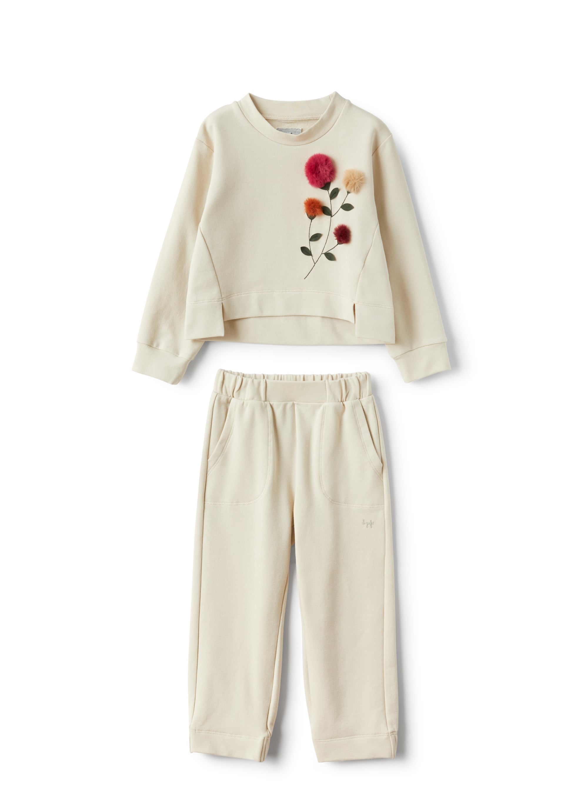 Two-piece set in fleece with embroidered pompom detailing