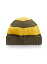 Tricot-knit hat in green and yellow stripes