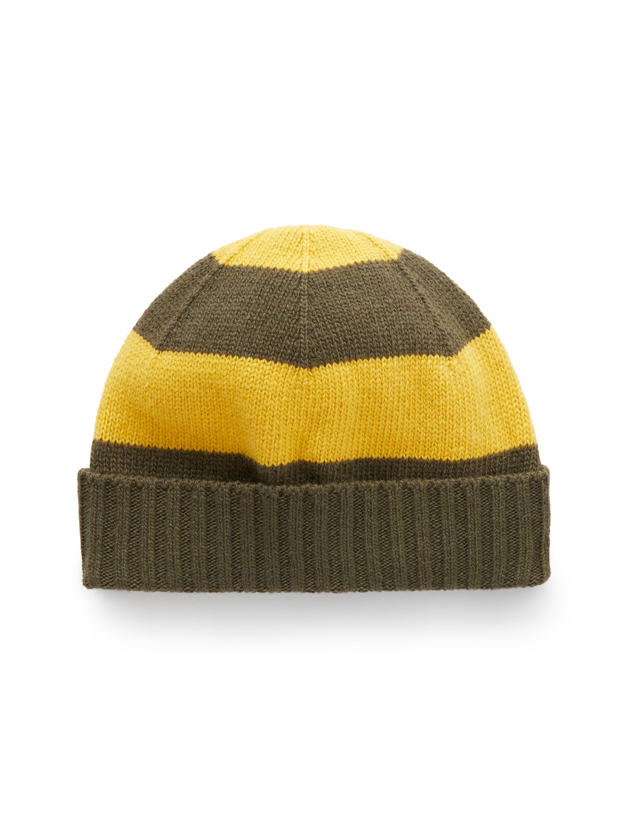Tricot-knit hat in green and yellow stripes
