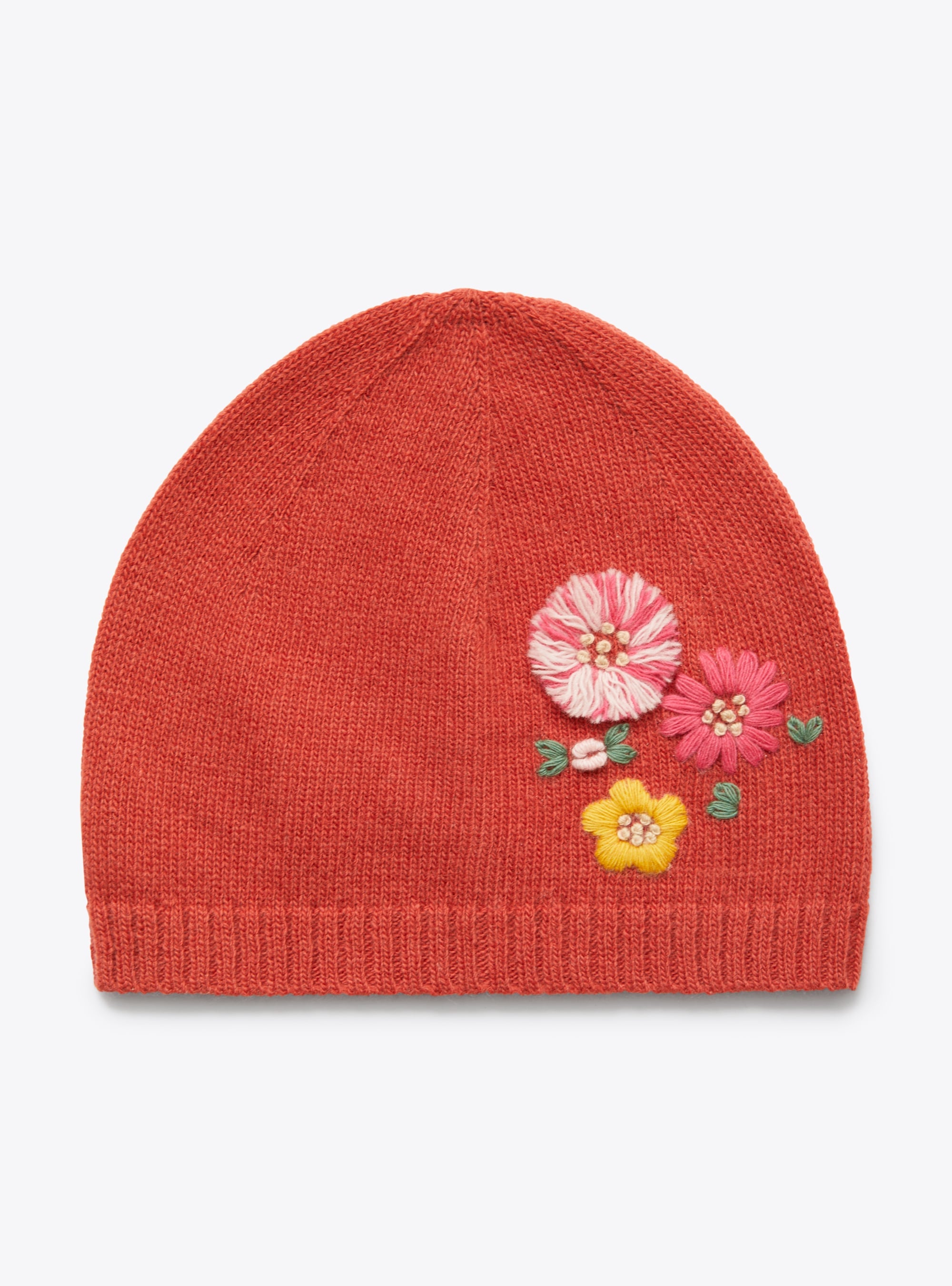 Brick-Red Beanie With Embroidered Flowers