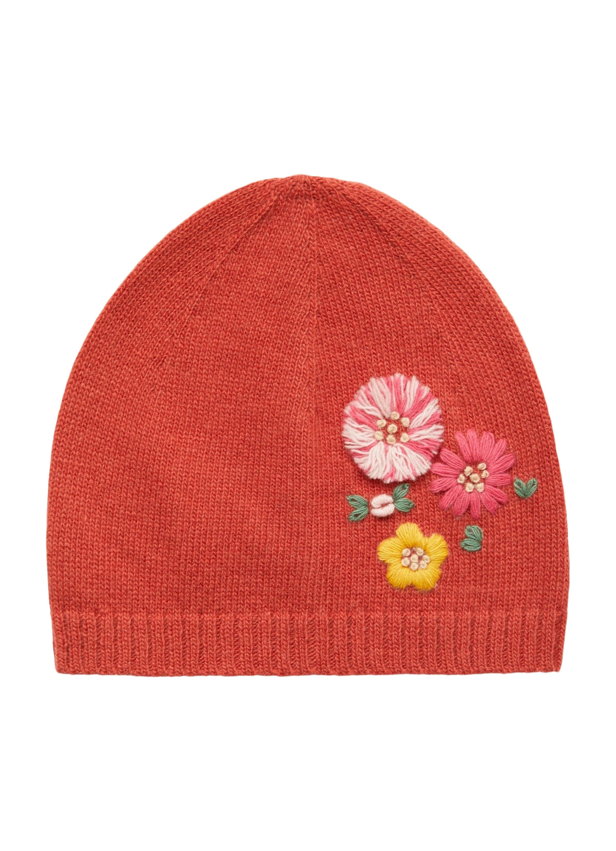Brick-Red Beanie With Embroidered Flowers