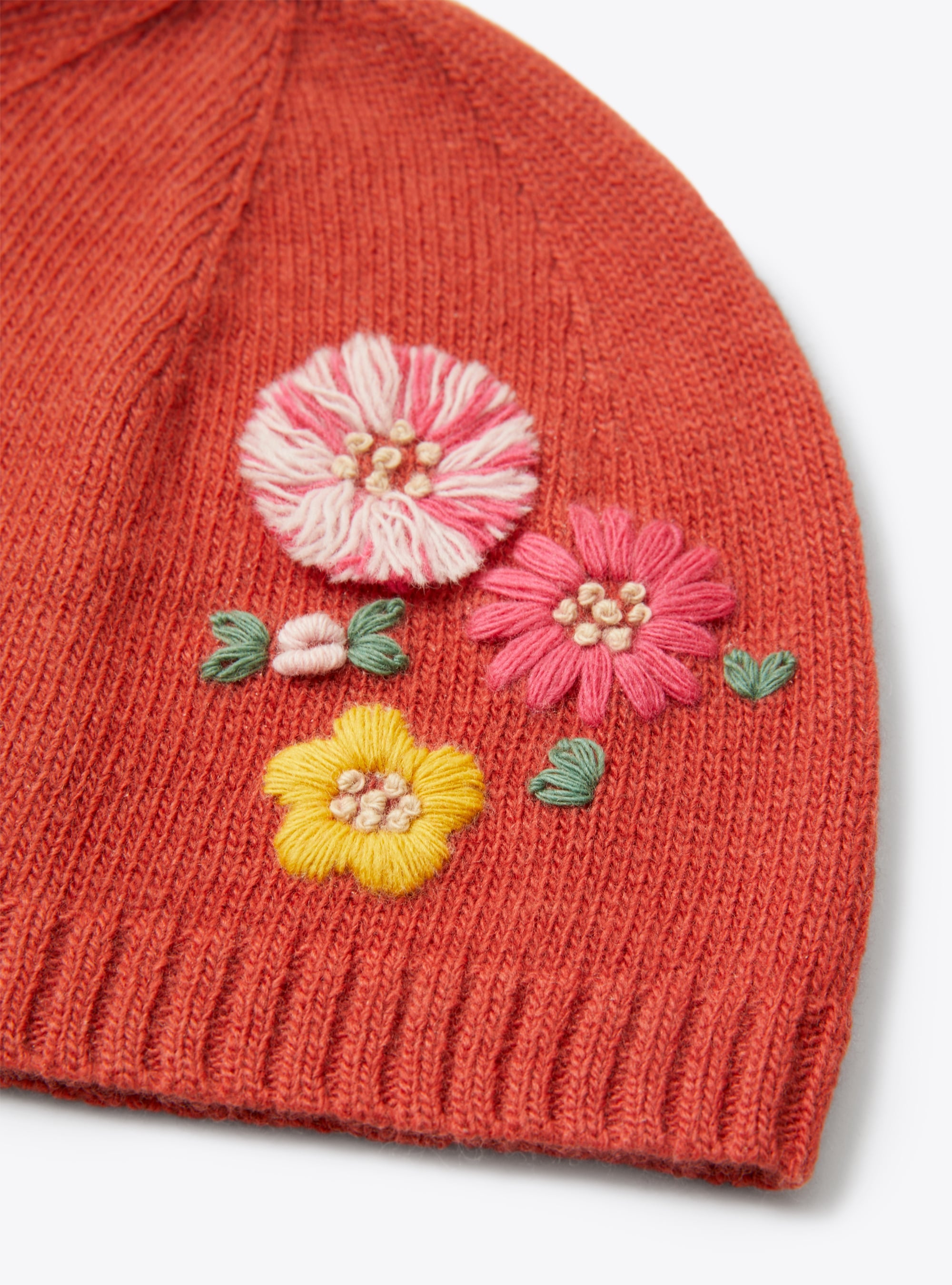 Brick-Red Beanie With Embroidered Flowers