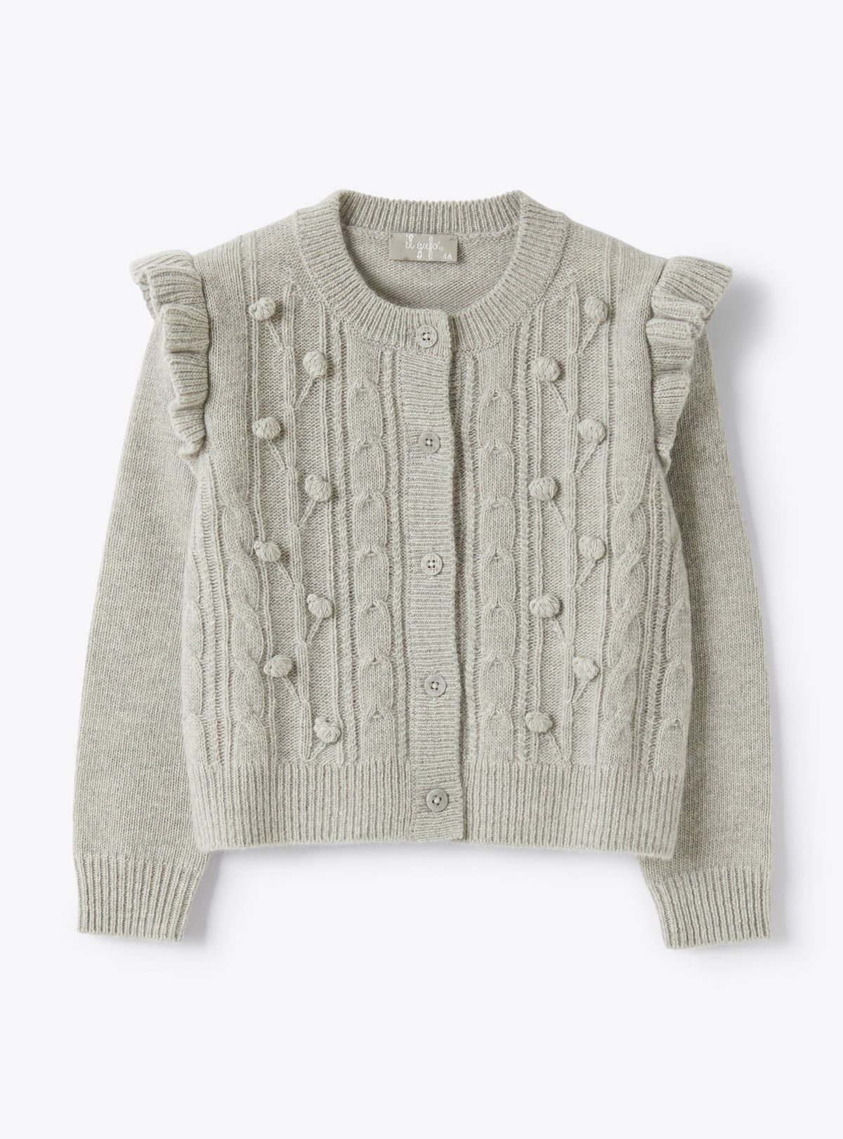 Grey Wool Cardigan With Pompom Embellishments