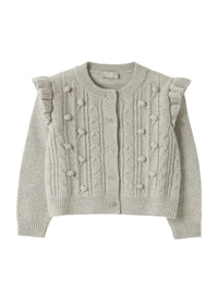 Grey Wool Cardigan With Pompom Embellishments