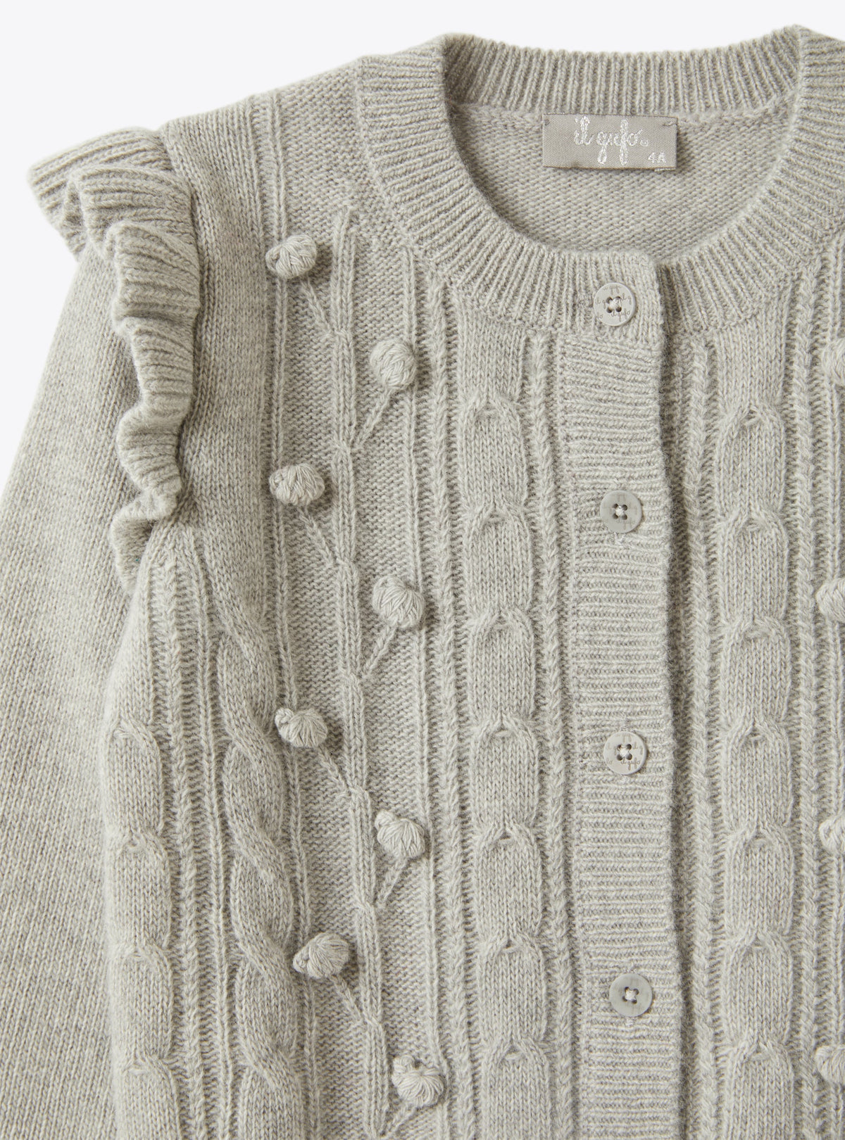 Grey Wool Cardigan With Pompom Embellishments