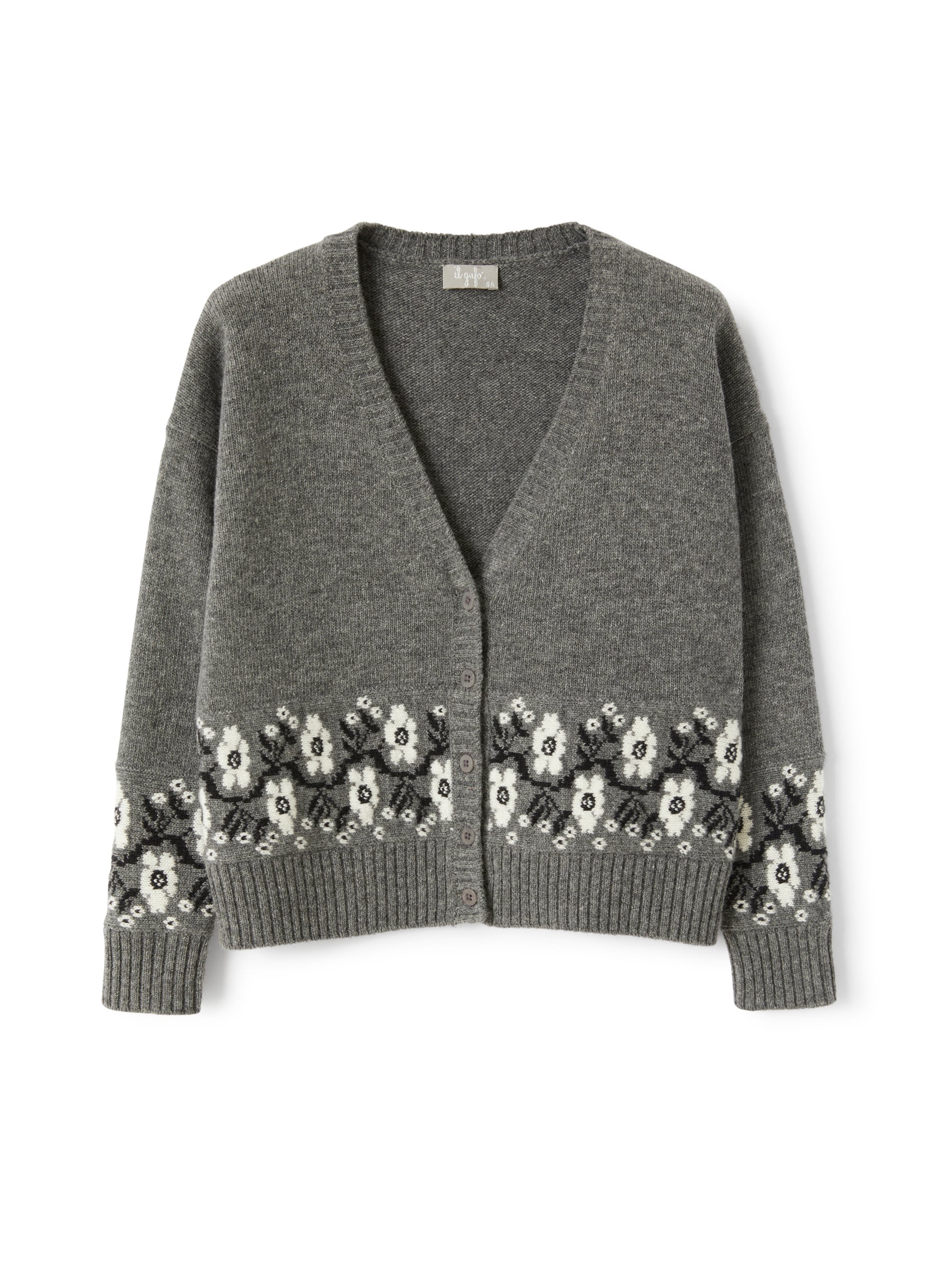 Grey cardigan with inlaid floral pattern