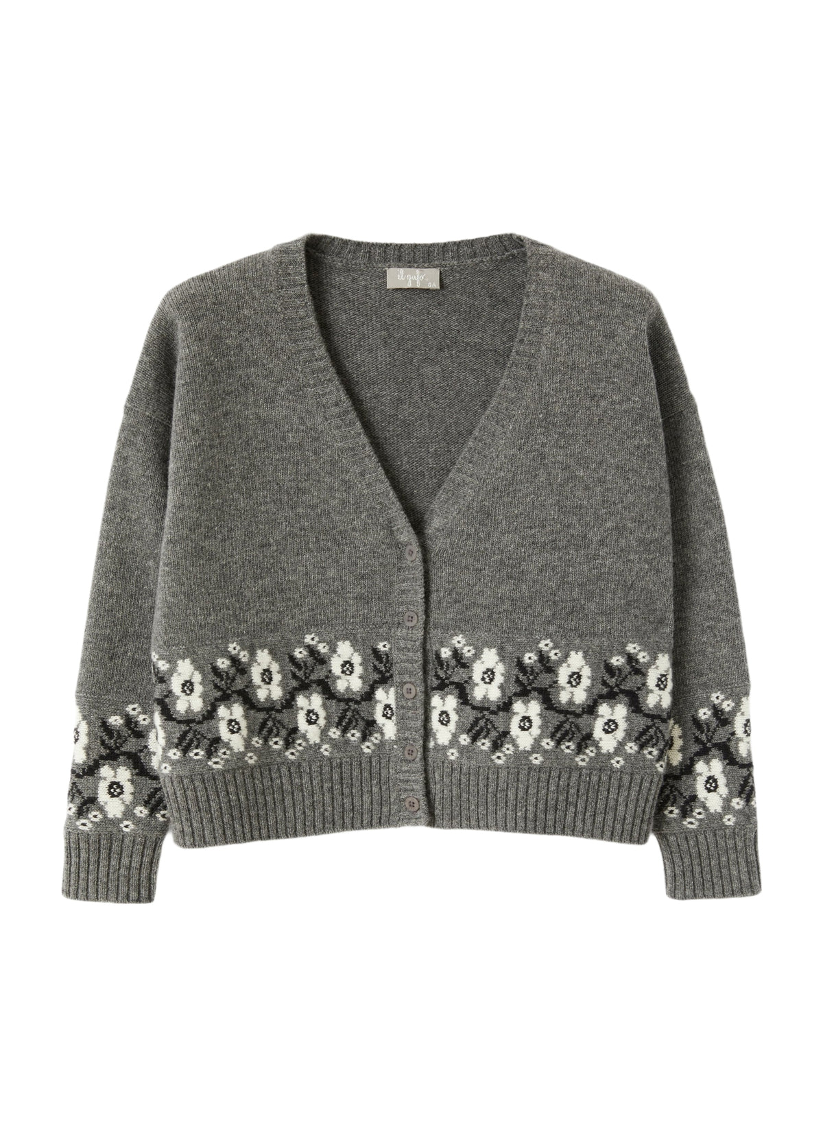 Grey Cardigan With Inlaid Floral Pattern