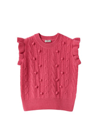 Tricot-knit gilet with fuchsia-pink pompom detail