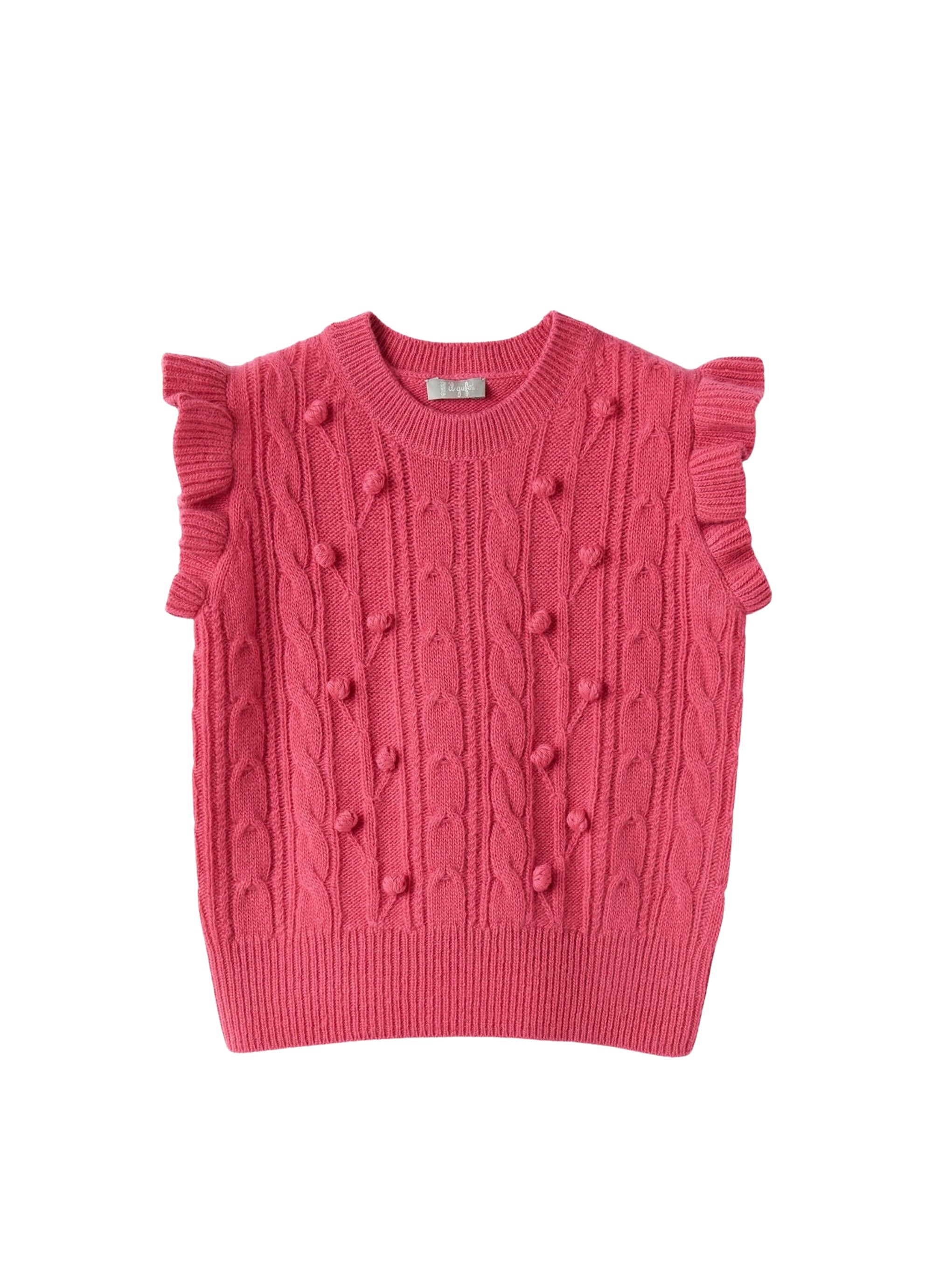 Tricot-knit gilet with fuchsia-pink pompom detail