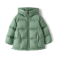 Short hooded down jacket in two different colours