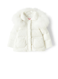 Baby girl’s down jacket with a hood