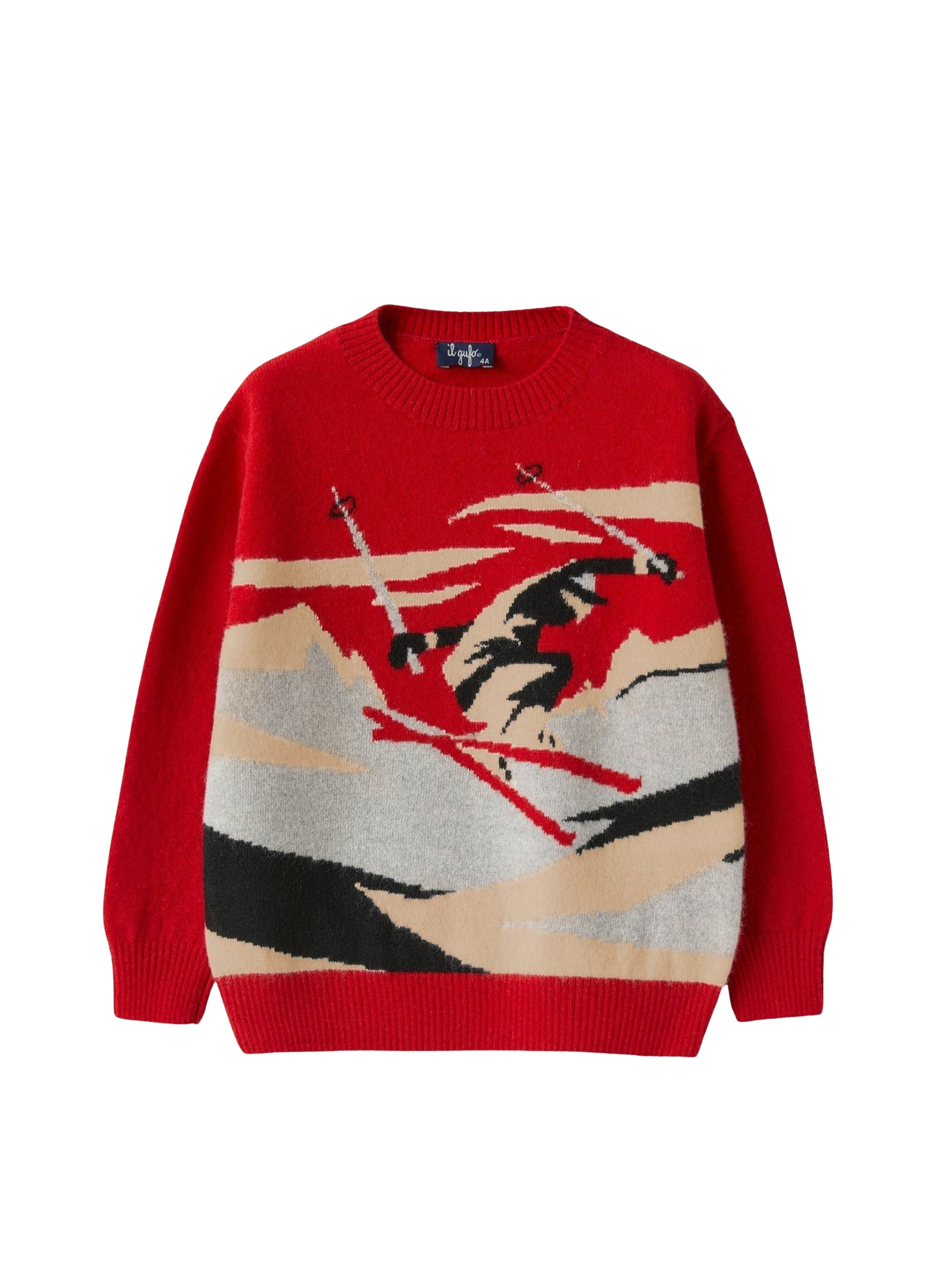 Red merino wool sweater with skier
