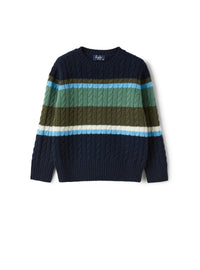 Cable-knit merino sweater with multicoloured stripes