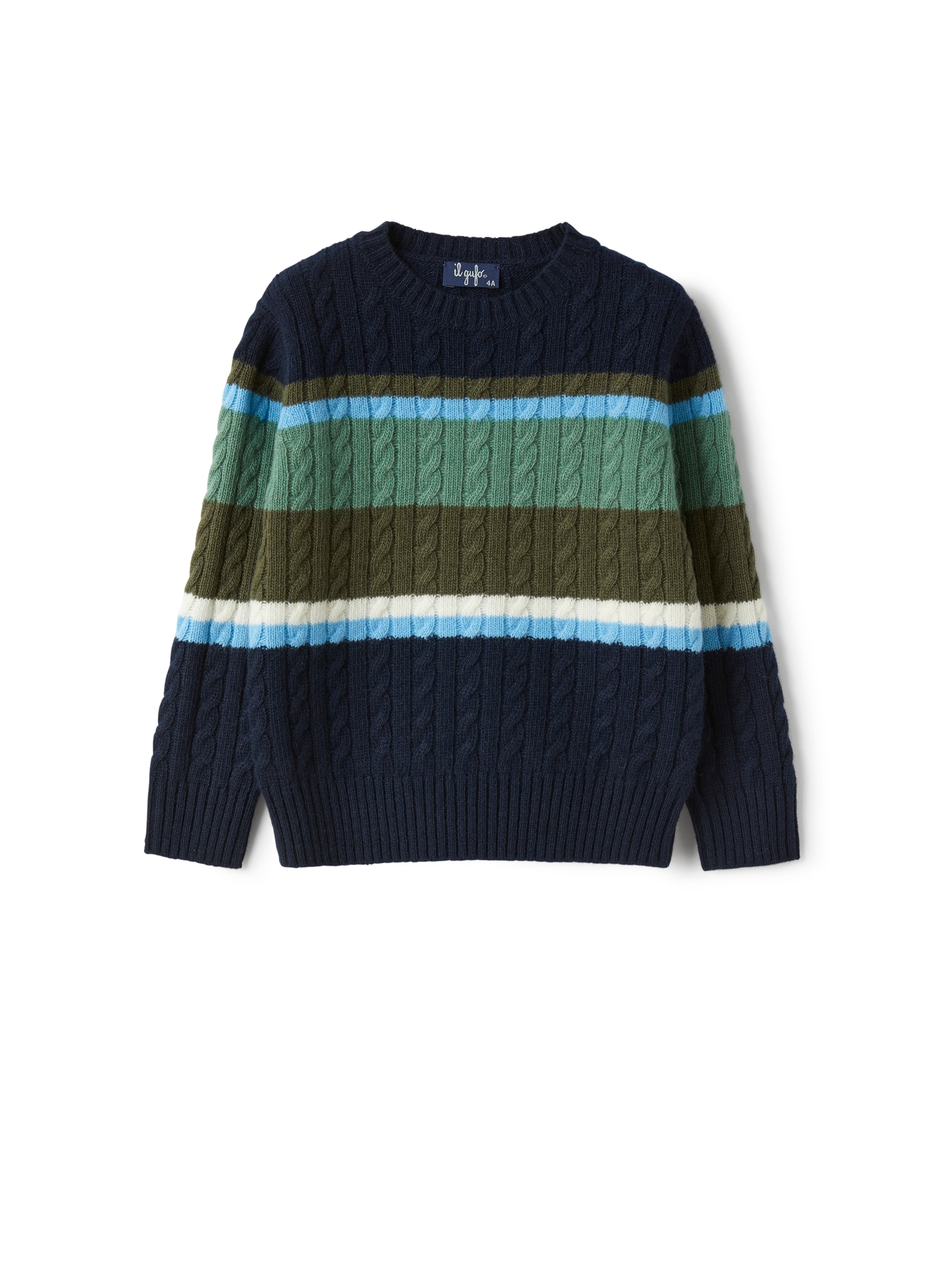 Cable-knit merino sweater with multicoloured stripes