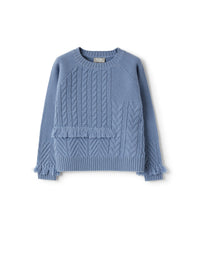 Round-neck sweater with cable patterning and fringed details