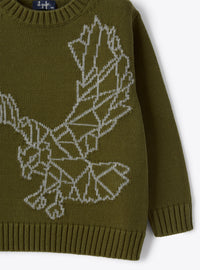 Sweater In Organic Olive-Green Cotton With An Embroidered Eagle