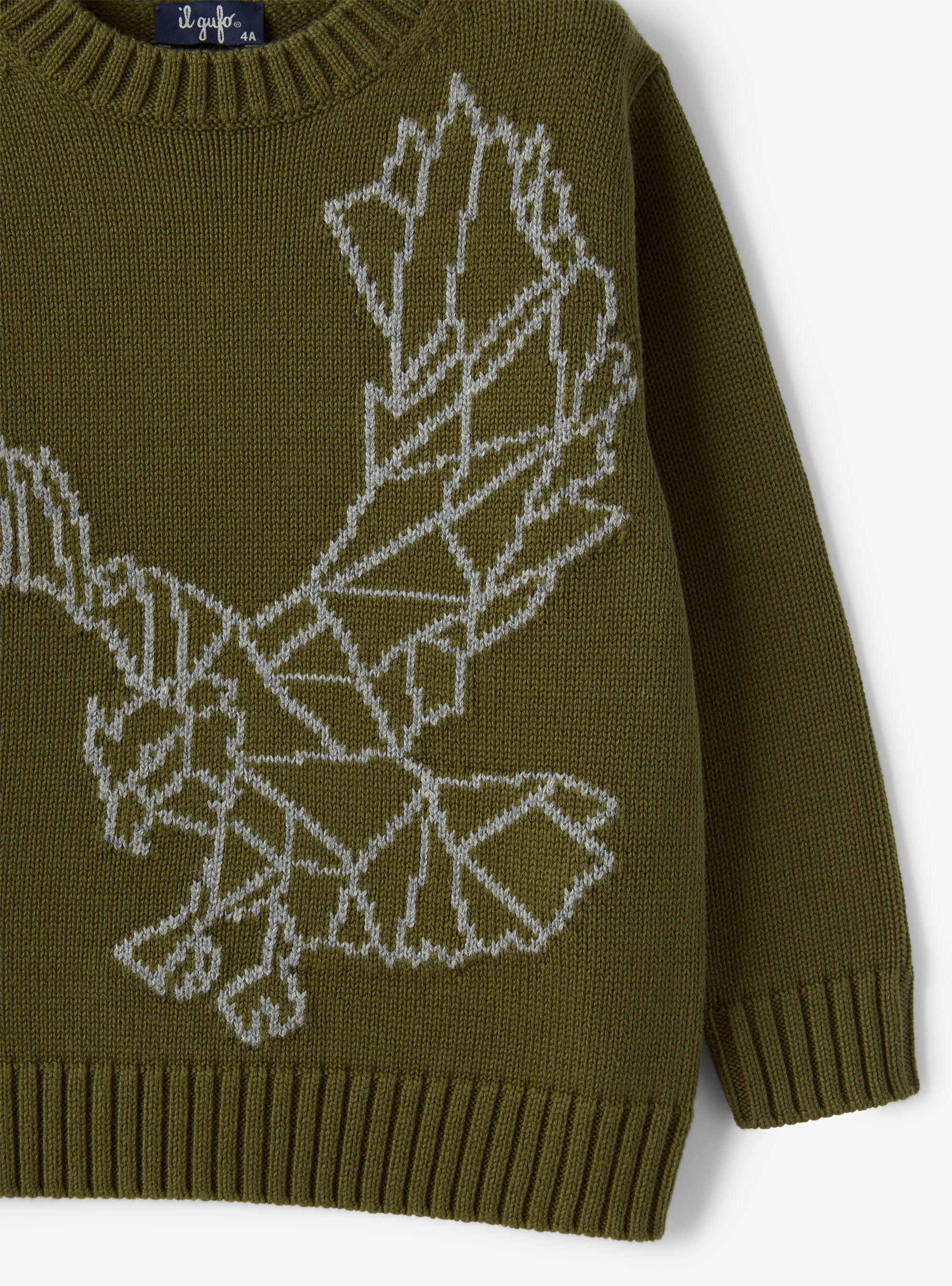 Sweater In Organic Olive-Green Cotton With An Embroidered Eagle