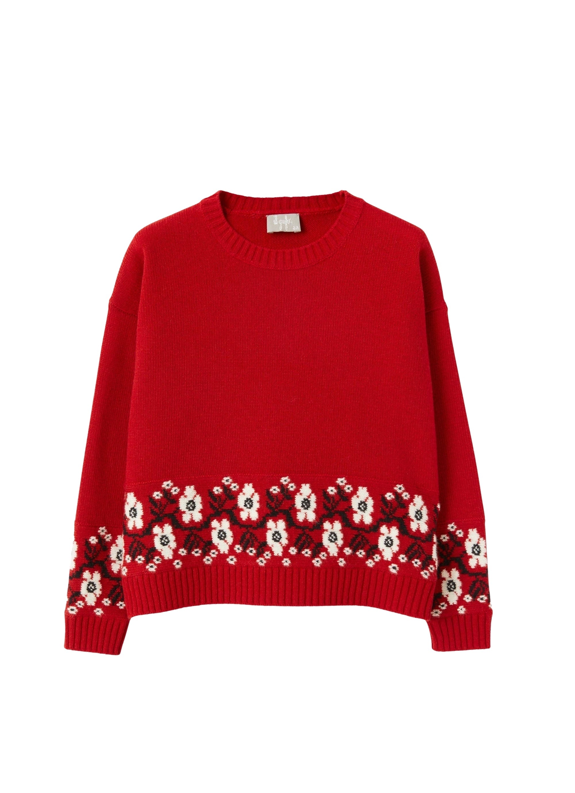 Red sweater with inlaid floral pattern