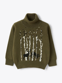 Turtleneck Sweater In Green Merino Wool With Inlay Detail
