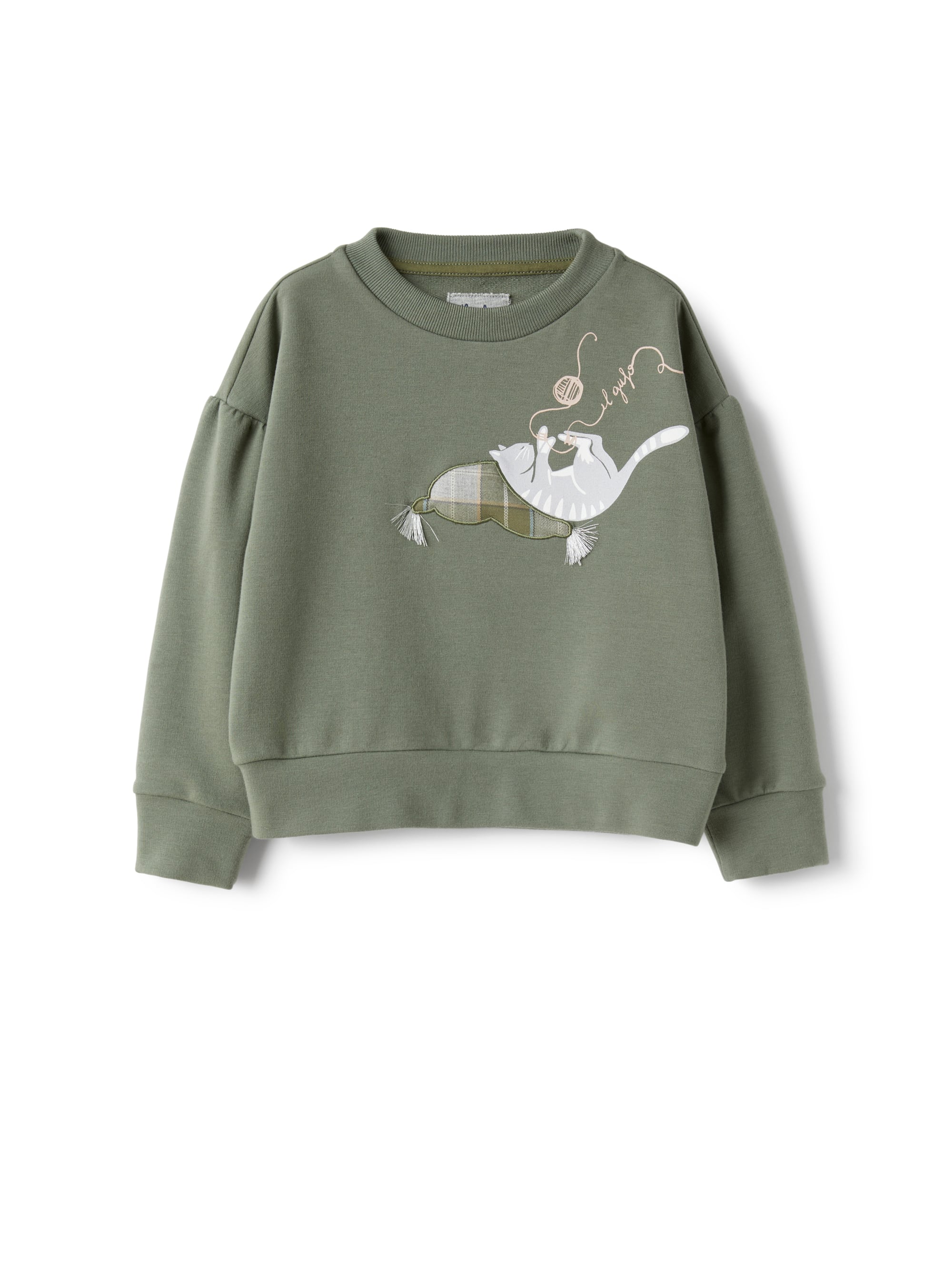 Stretchy crew-neck sweatshirt with cat print design