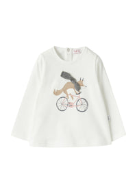 Baby girl’s T-shirt with a fox on a bike print detail