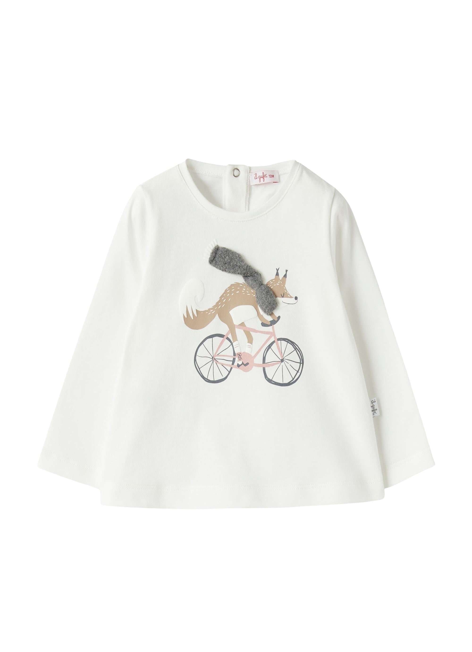 Baby girl’s T-shirt with a fox on a bike print detail