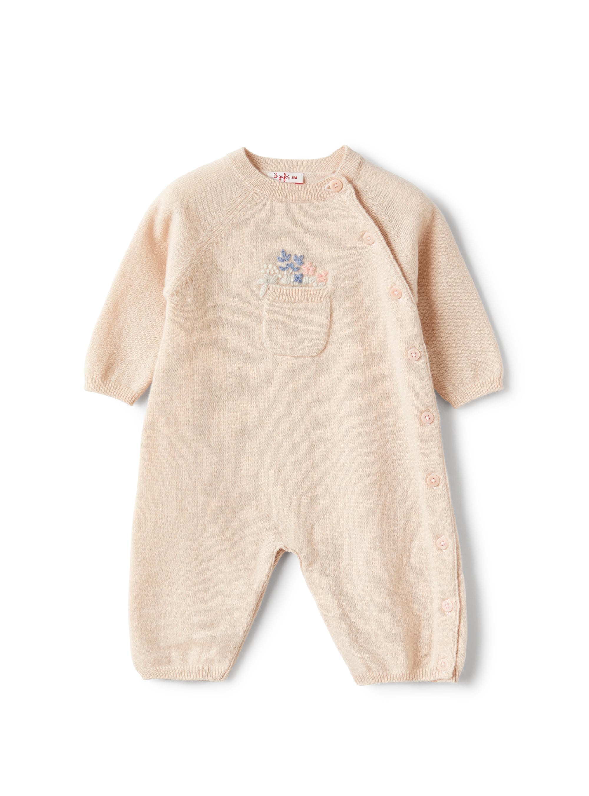 Tricot-knit babysuit with embroidered flowers