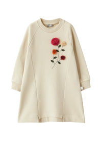 Natural-Hued Fleece Dress With Multicoloured Flowers