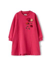 Fuchsia-pink fleece dress with multicoloured flowers
