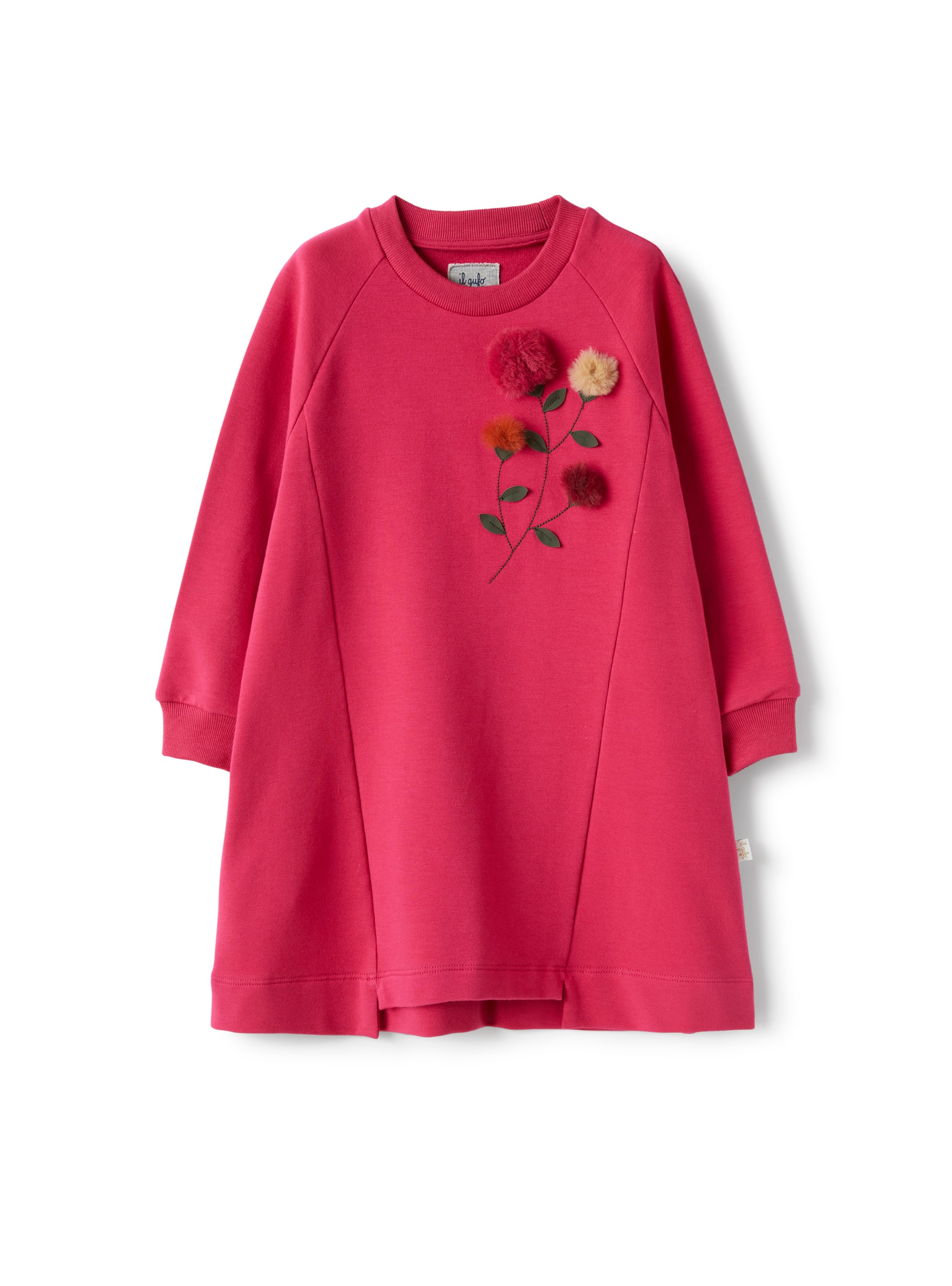 Fuchsia-pink fleece dress with multicoloured flowers