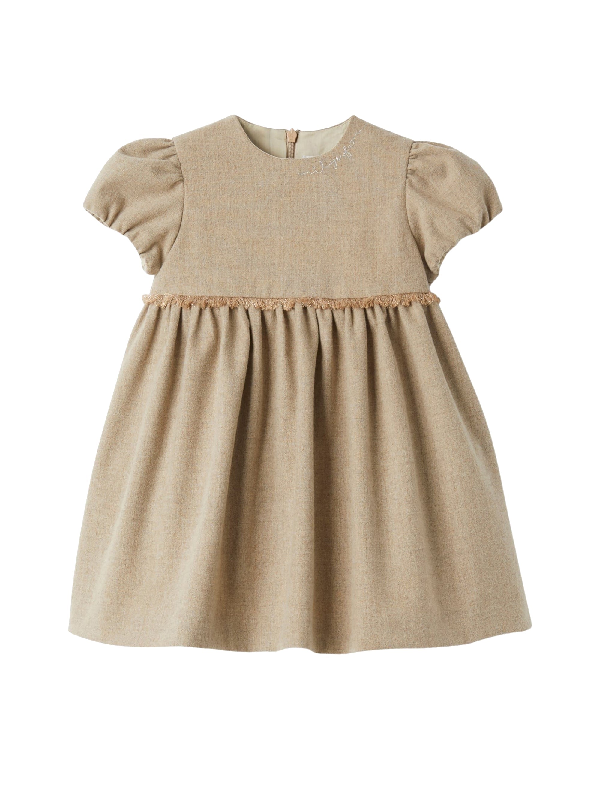techno-wool with elastic puff sleeves.