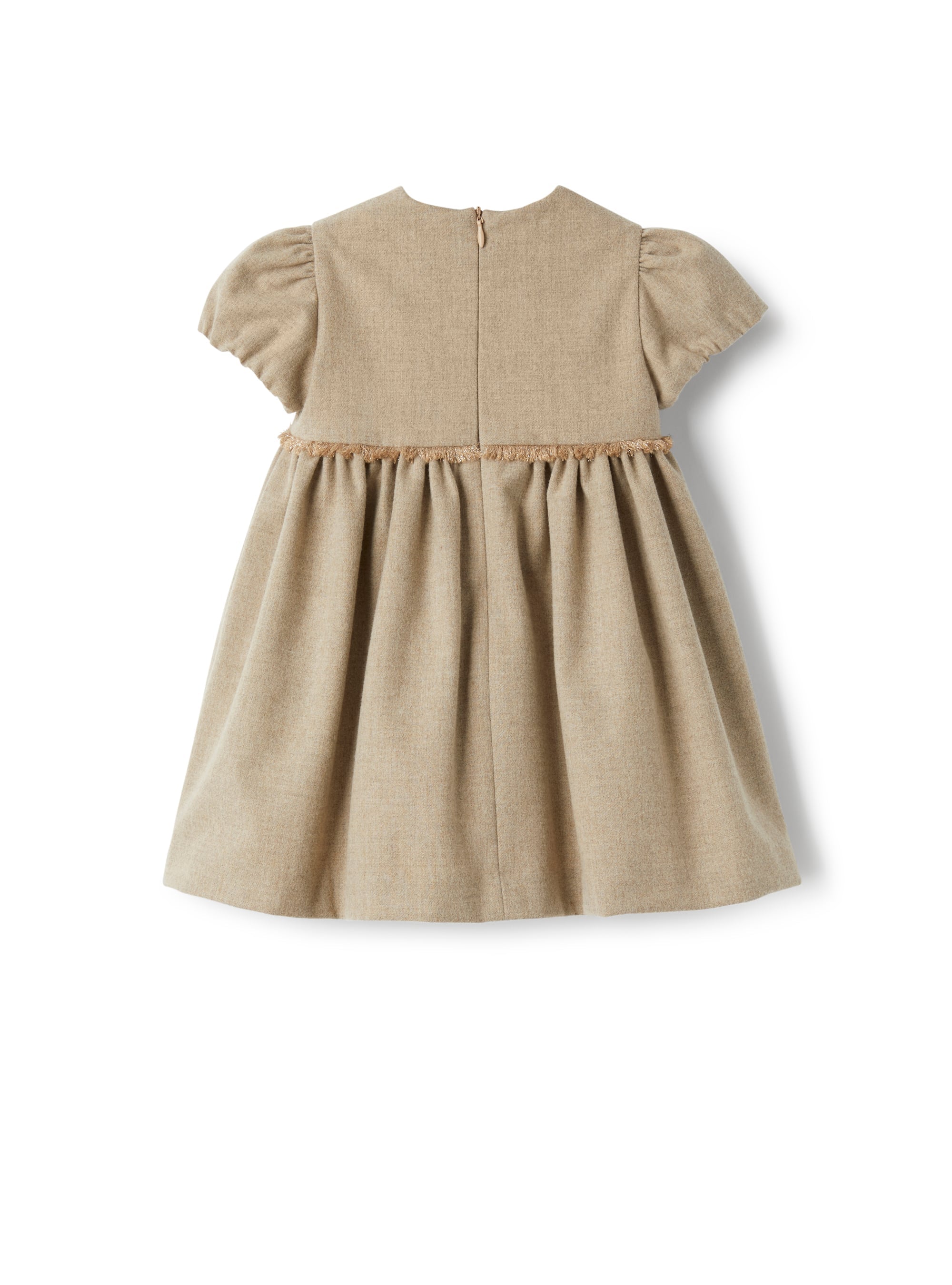 techno-wool with elastic puff sleeves.