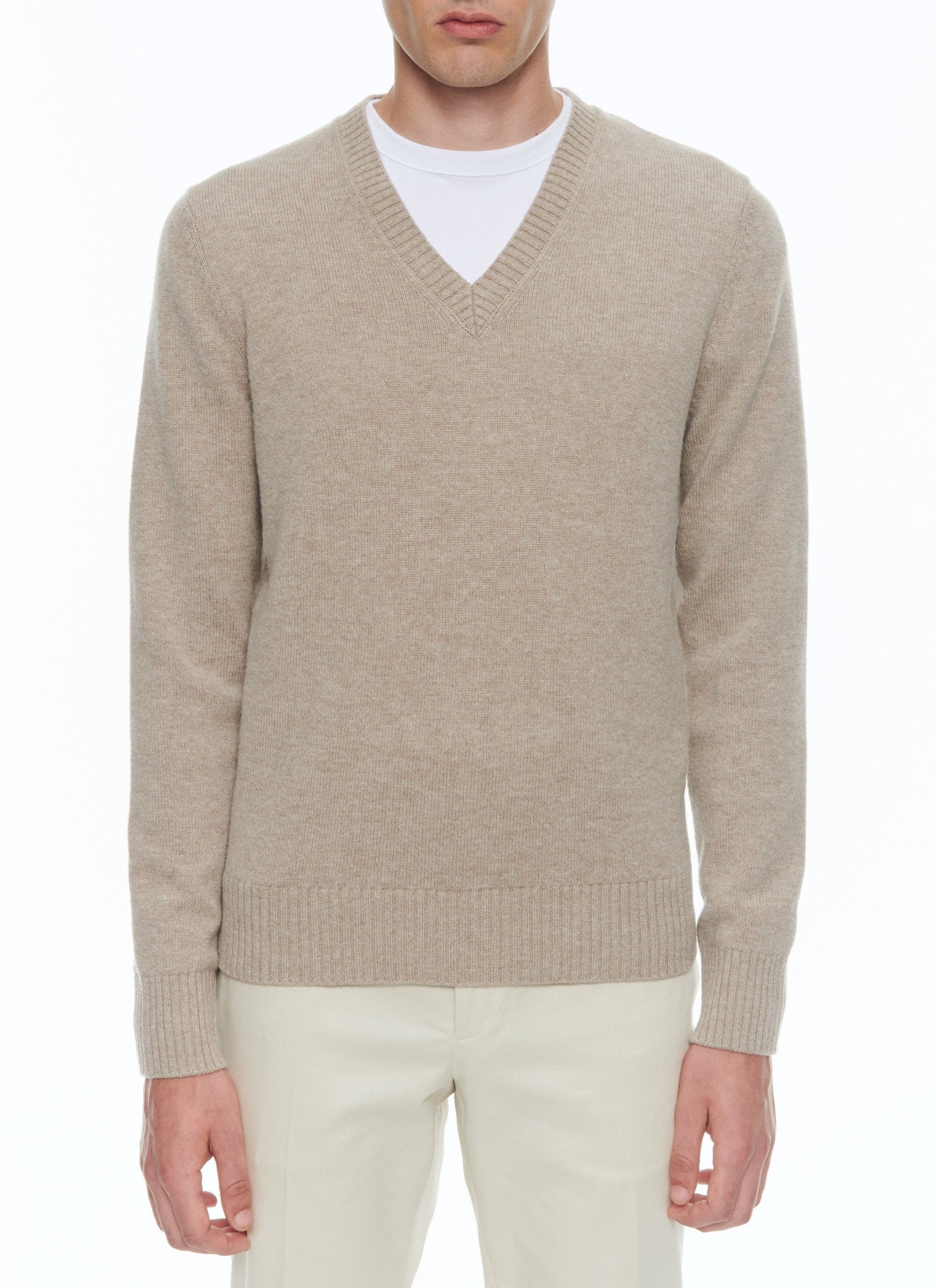 Pull à col V en laine - Camel