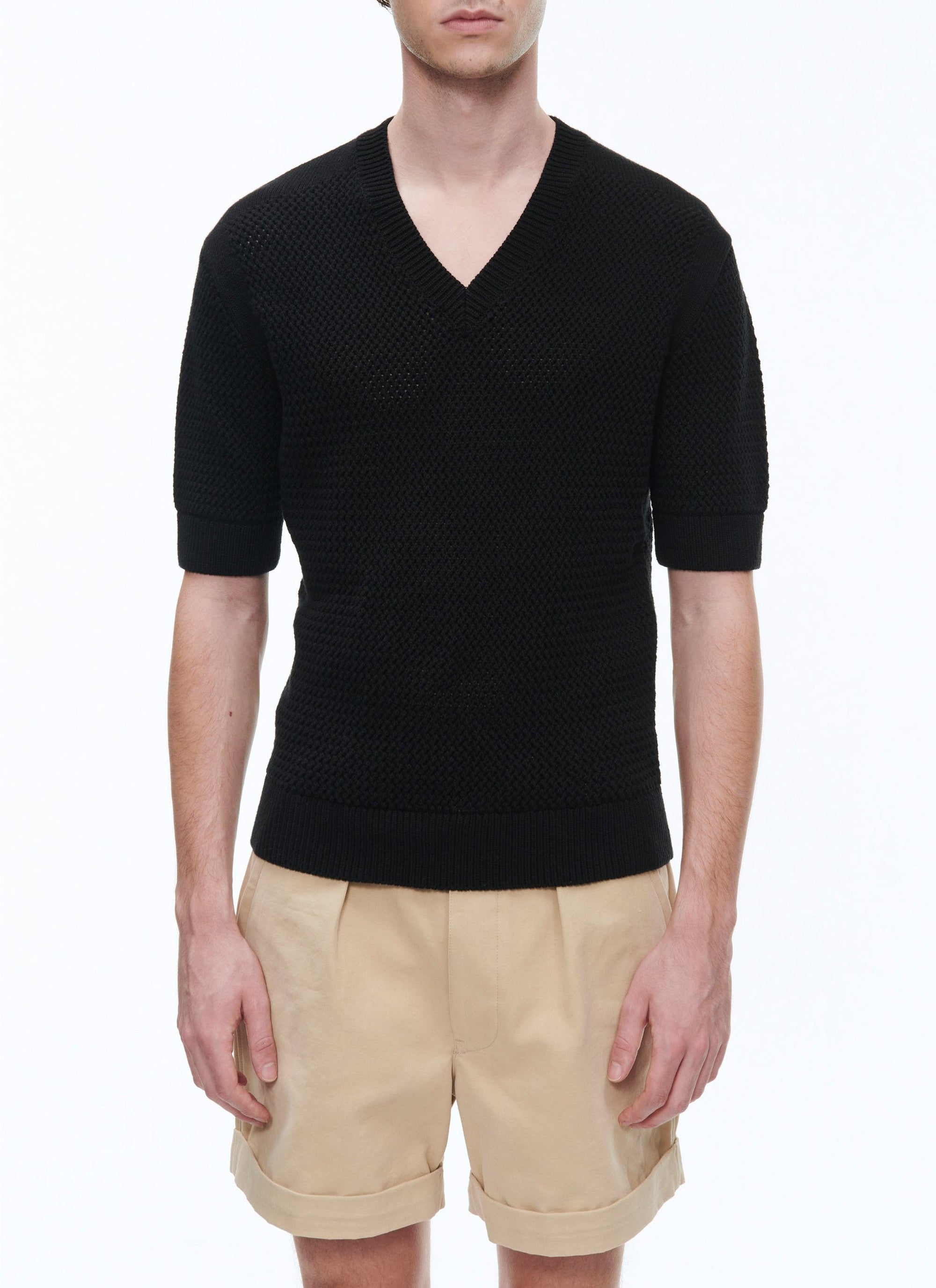 Wool and cotton openwork T-shirt - Black