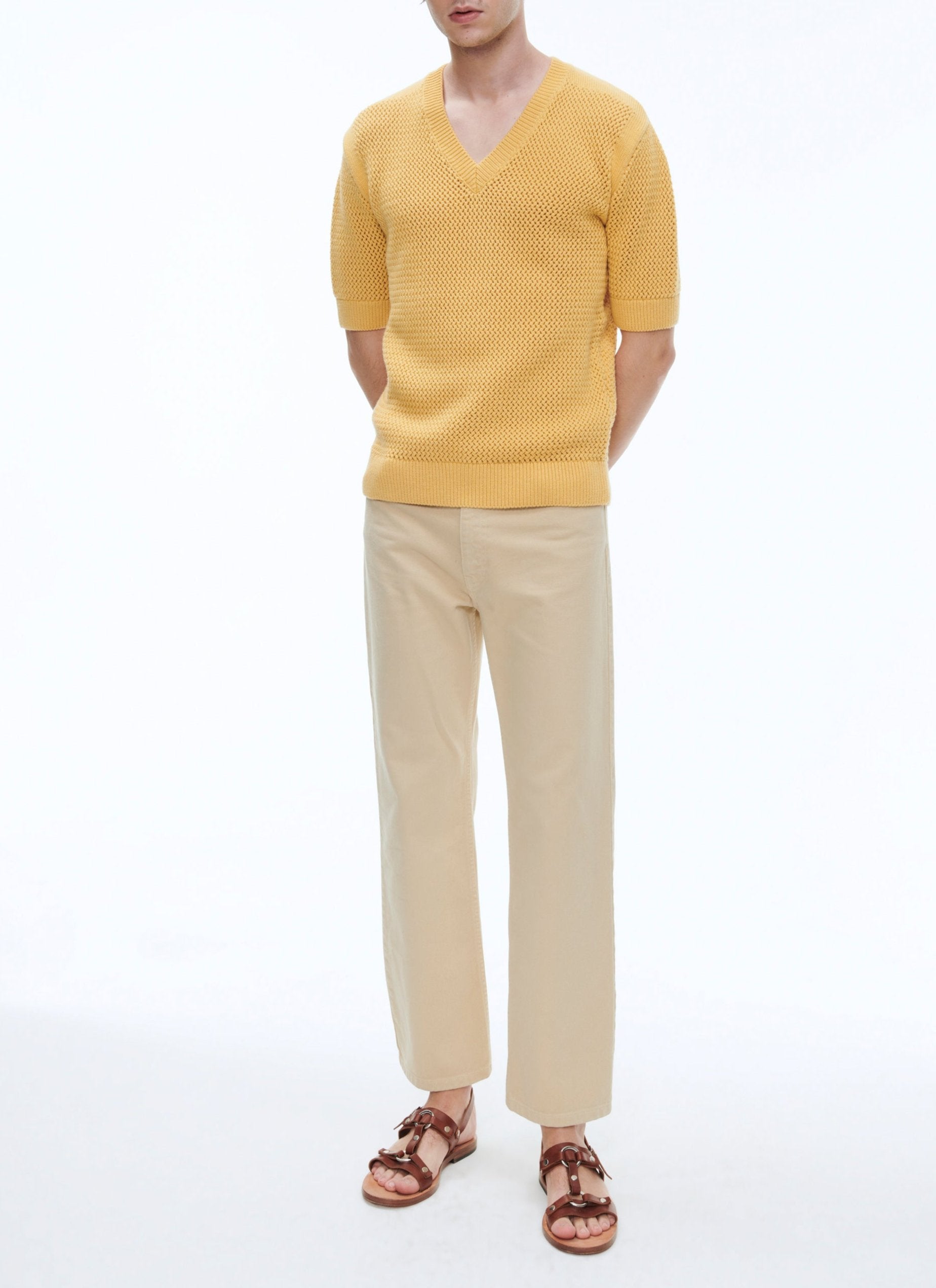 Openwork T-shirt in wool and cotton - Yellow